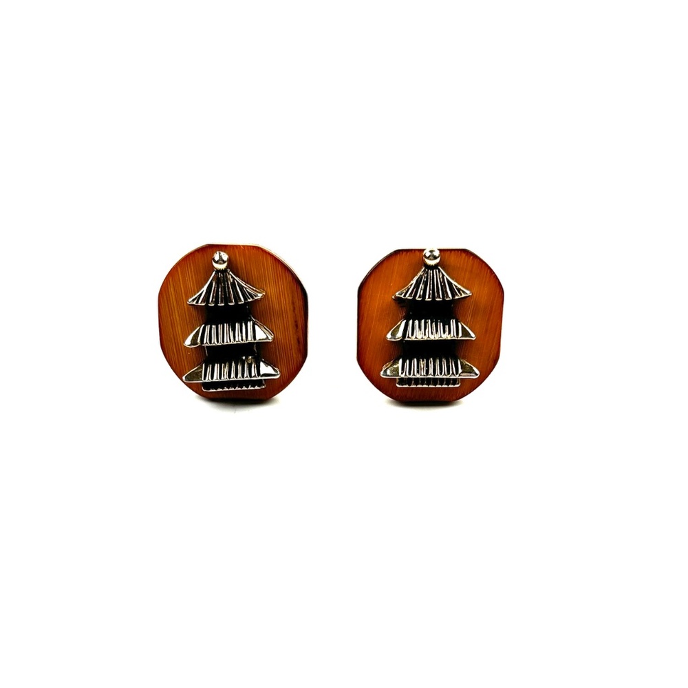 Vintage Cufflinks Pagoda Temple Signed Swank Bamboo & Metal Men's Gift MCM
